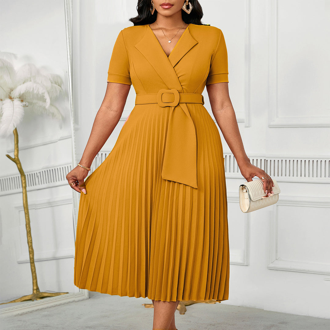Damen Plissee Kleid mit tailliertem Blazer-Oberteil und abnehmbarem Gürtel Drune