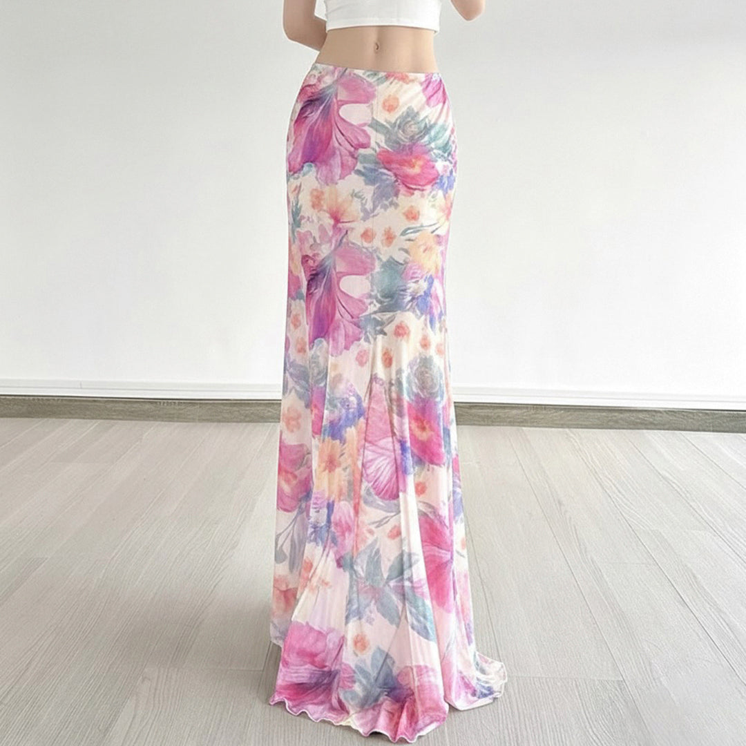 Damen Fließender Maxirock mit floralem Design und schwingendem Saum Drune