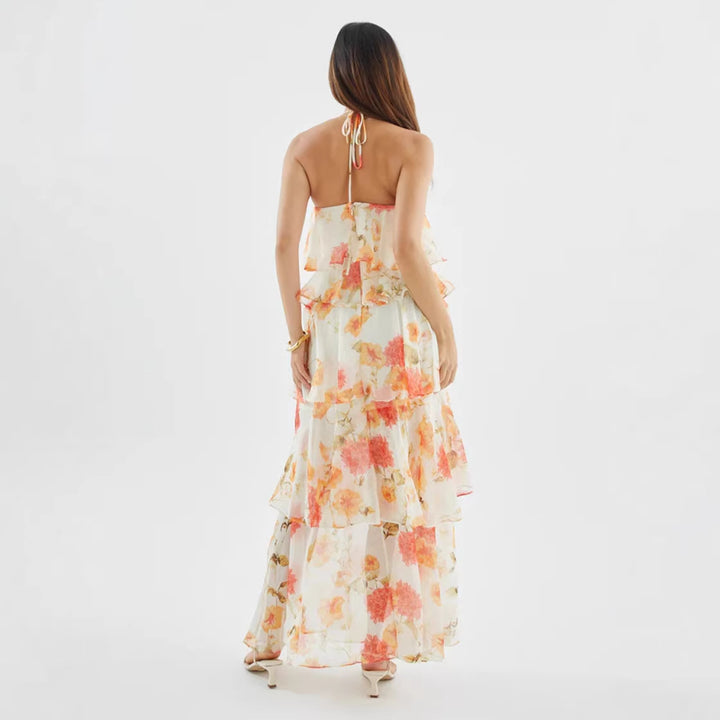 Damen Maxikleid mit schwingenden Volants und modernen Punkten Drune