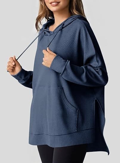 Damen Oversized Kapuzenpullover mit seitlichen Schlitzen und praktischen Taschen Drune