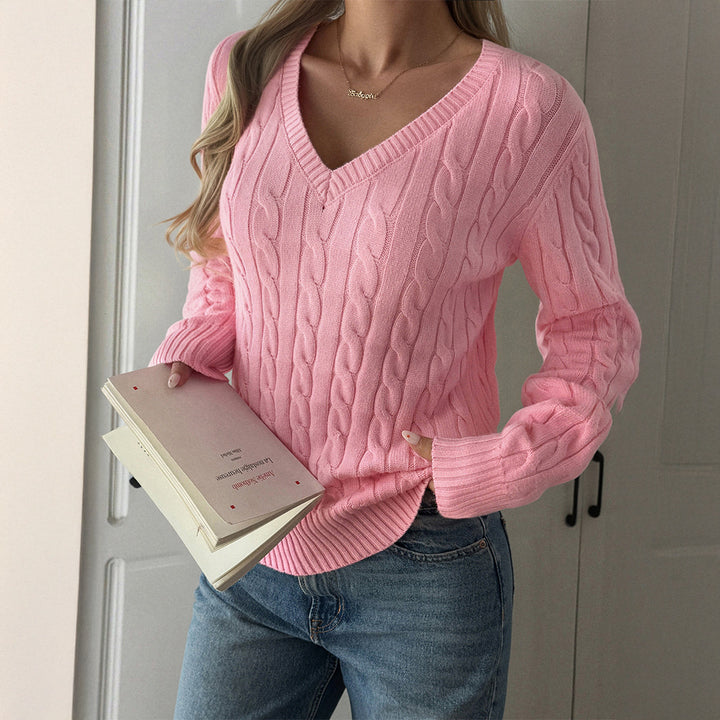 Damen Kuscheliger V-Ausschnitt Strickpullover mit Zopfmuster Drune