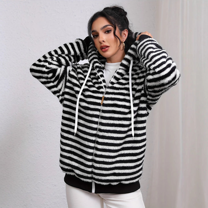 Damen kuschelige Fleecejacke mit gestreiftem Muster und praktischen Taschen Drune