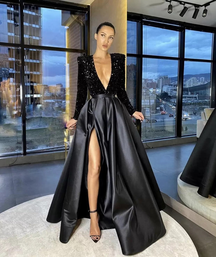 Damen Glamouröser Abendkleid mit tiefem V-Ausschnitt und schimmernden Akzenten Drune