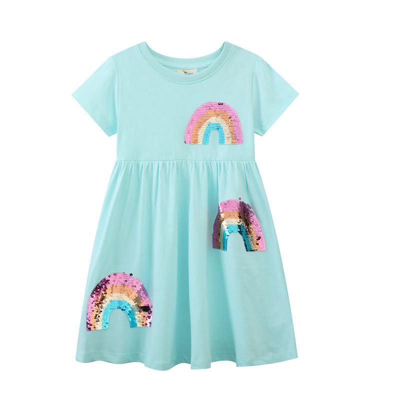 Mädchen Kurzarm-T-Shirt Kleid mit buntem Glitzer-Regenbogen Design Drune