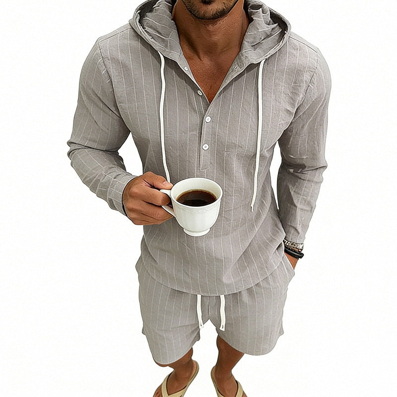 Herren nan gestreiftes Leinenoptik-Kapuzen-Henley-Set mit Tunnelzug-Shorts Drune