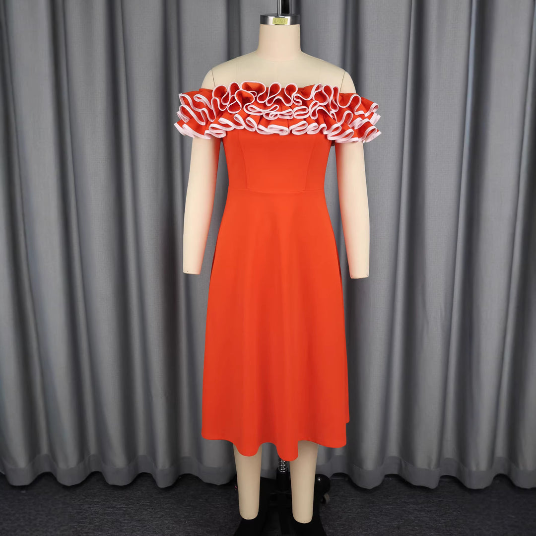 Damen A-Linien Abendkleid mit Off-Shoulder Rüsche Drune