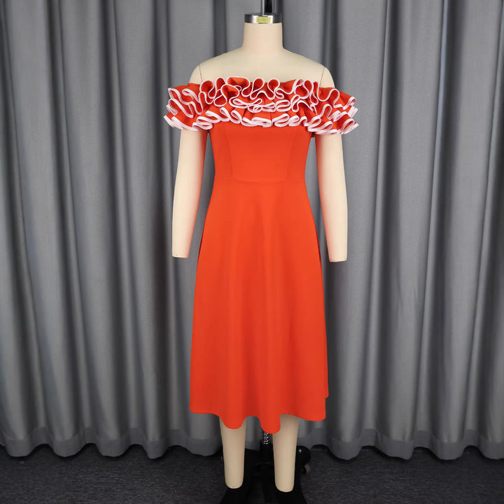 Damen A-Linien Abendkleid mit Off-Shoulder Rüsche Drune