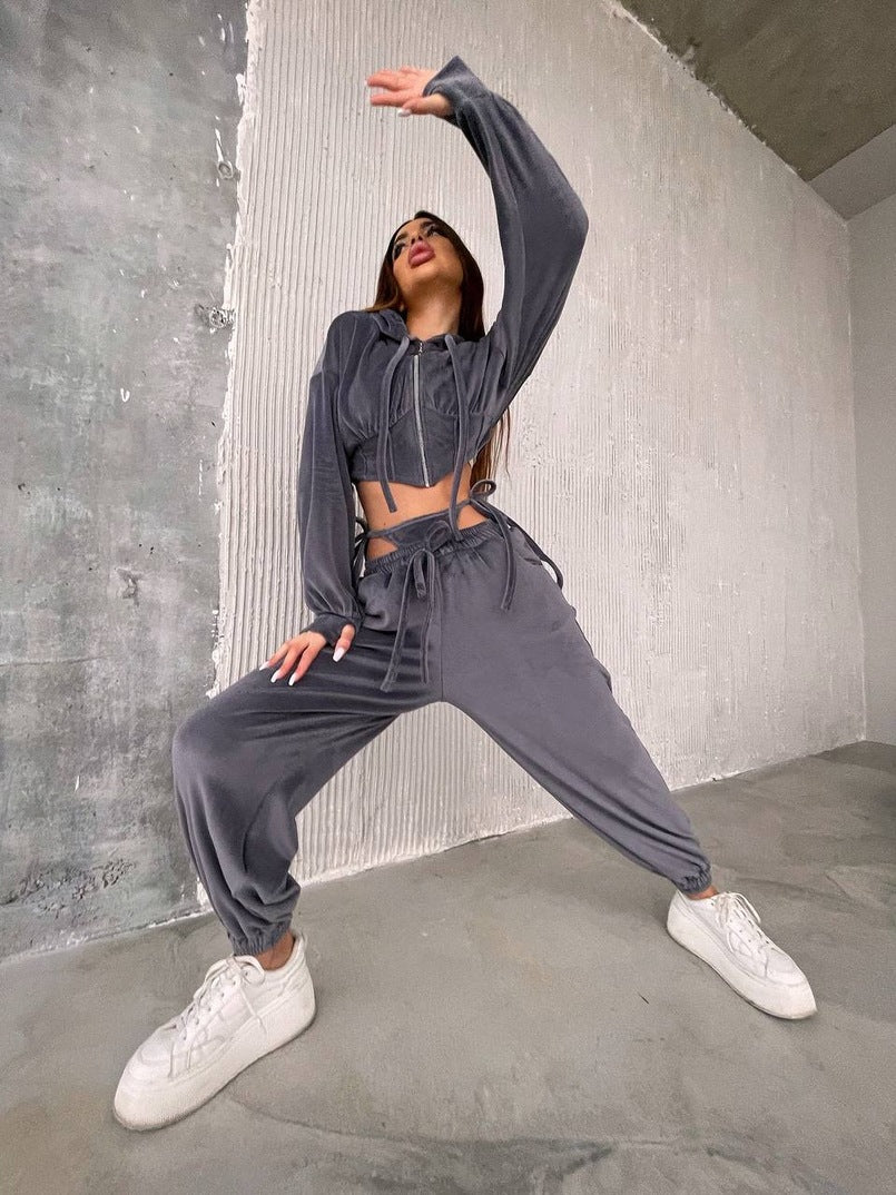 Damen Sportliches Velours-Cropped-Set mit Reißverschluss und Taillenschnitt Drune