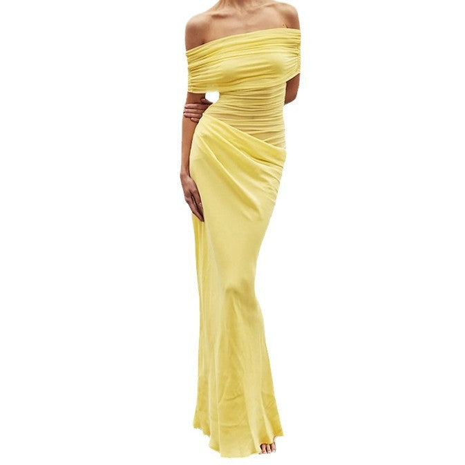 Damen Elegantes Off-Shoulder Maxikleid mit Raffung Drune