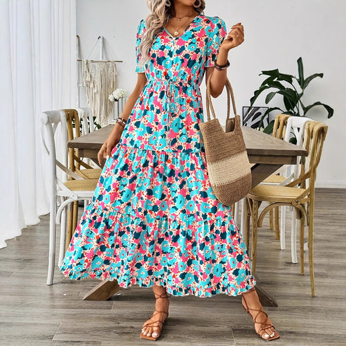 Damen Maxikleid mit floralen Mustern und taillierbarem Design Drune