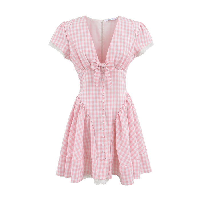 Damen Karodress mit verspieltem Taillengürtel und Rüschendetails Drune