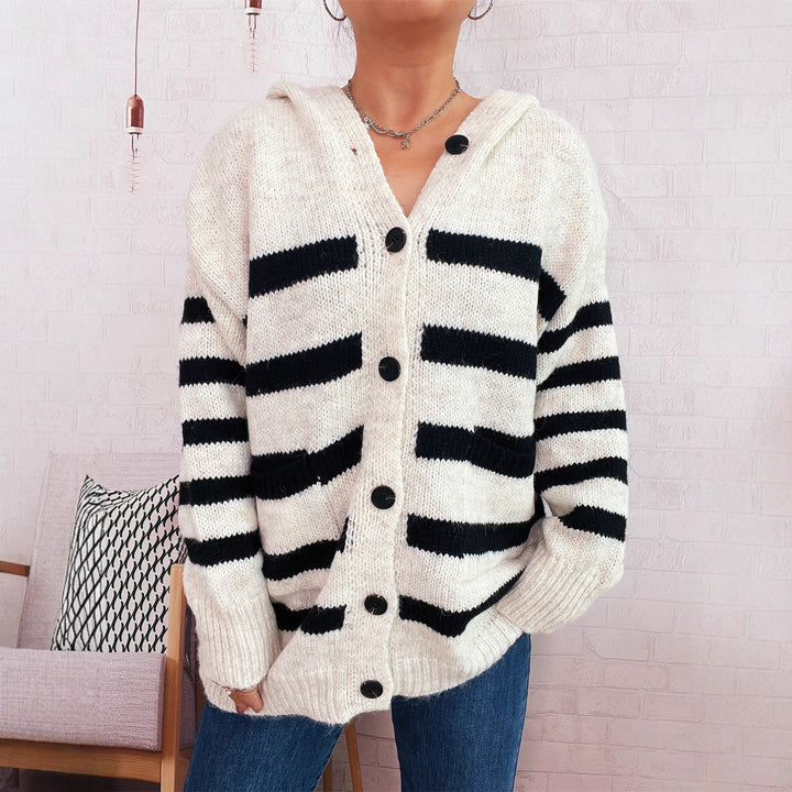 Damen lässiger Strickcardigan mit Kapuze und breiten Streifen Drune