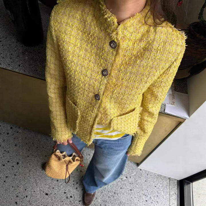 Damen Kurze Tweedjacke mit Fransen und dekorativen Knöpfen Drune