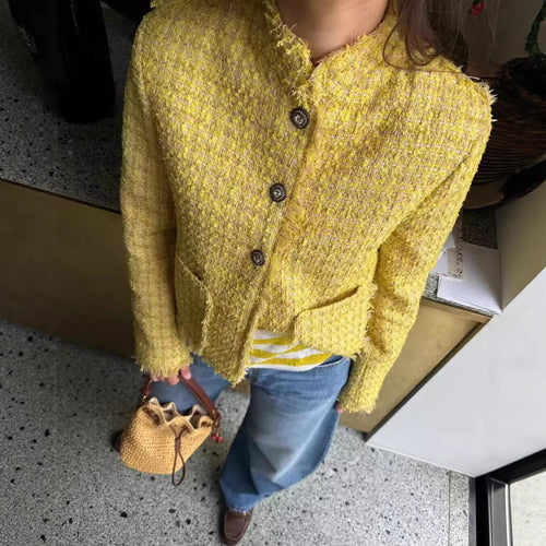 Damen Kurze Tweedjacke mit Fransen und dekorativen Knöpfen Drune