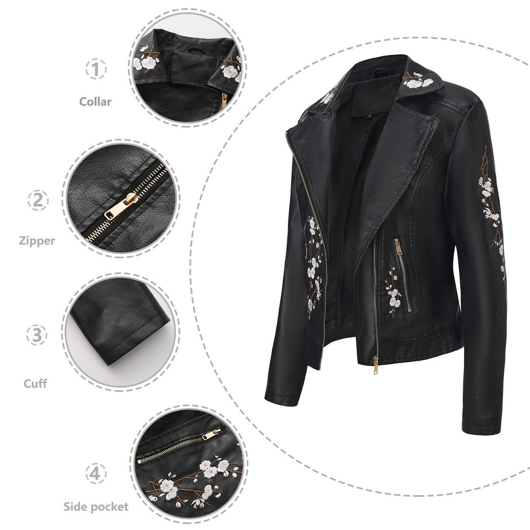 Damen modische Bikerjacke mit floralem Stickmuster Drune