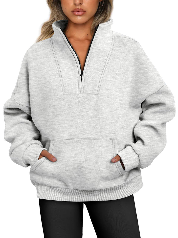 Damen nan oversized Halbzip-Hoodie mit hohem Stehkragen, Kängurutasche und gerippten Bündchen Drune