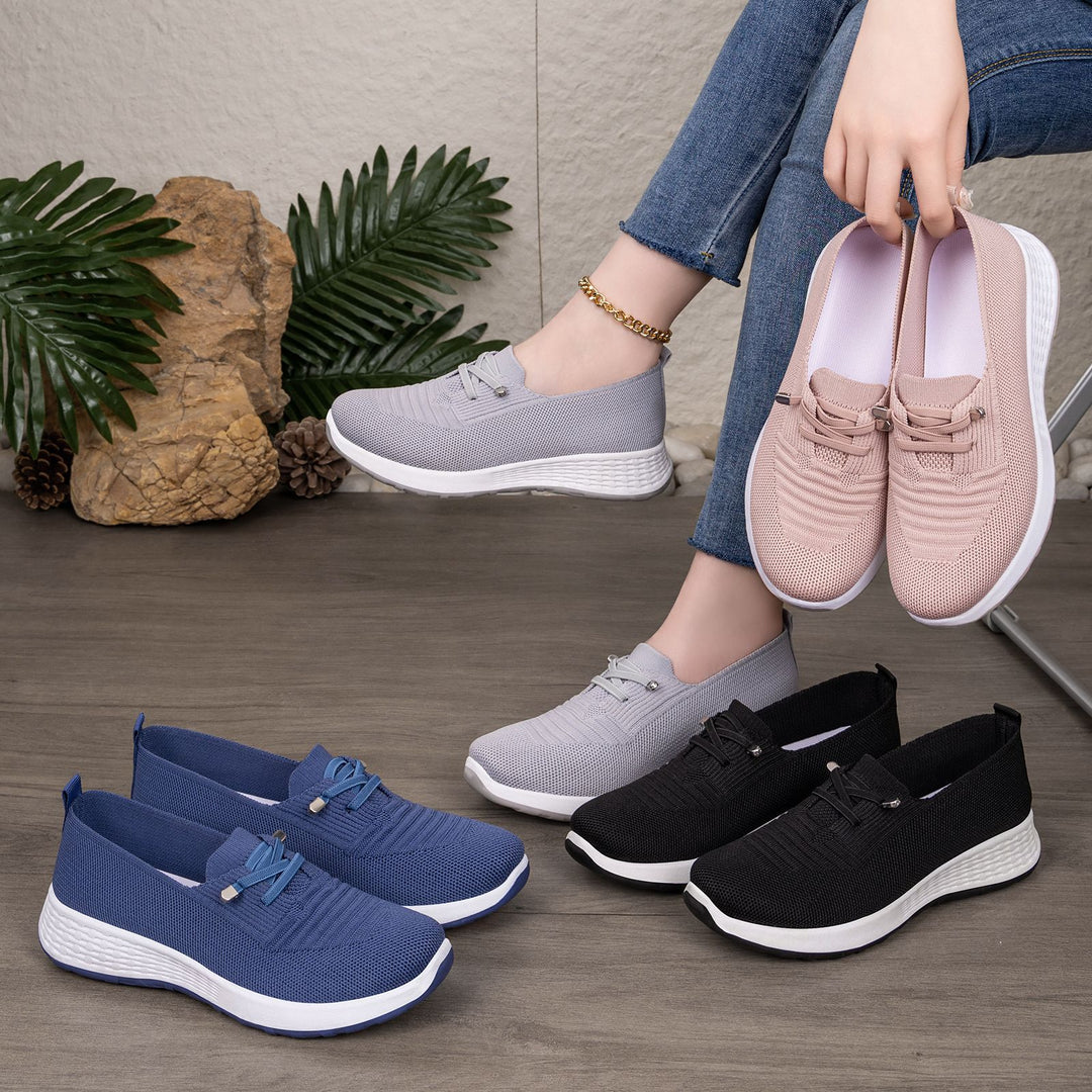 Damen nan leichter gestrickter Slip-On Freizeitschuh mit elastischem Einstieg, dekorativer Zier-Schnürung und dämpfender Leichtprofilsohle Drune