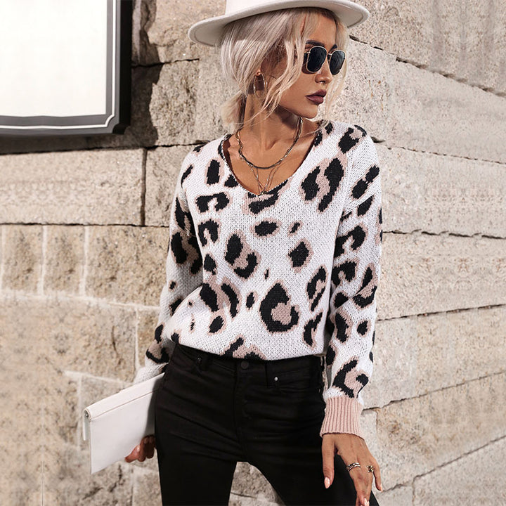 Damen modischer Strickpullover mit Leopardendruck Drune