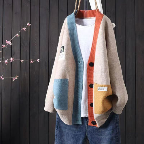 Damen Oversized Strickjacke mit bunten Taschen und Knopfdetails Drune