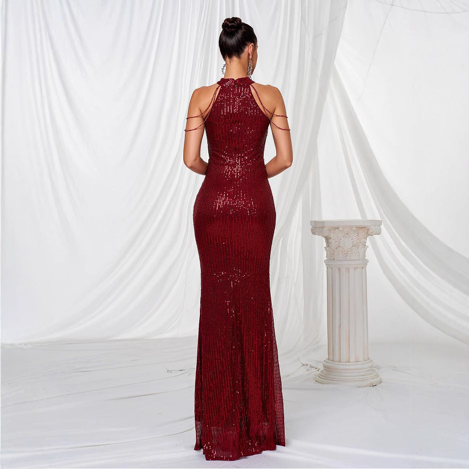 Damen Glamouröses Langarm-Abendkleid mit senkrechtem Paillettenverlauf und hohem Kragen Drune