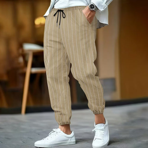 Herren nan gestreifte Leinenoptik Jogginghose mit Tunnelzug elastischem Saum und Eingrifftaschen Drune