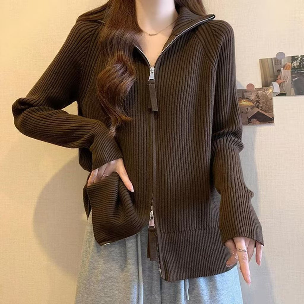 Damen Modische Strickjacke mit Stehkragen und Reißverschluss Drune
