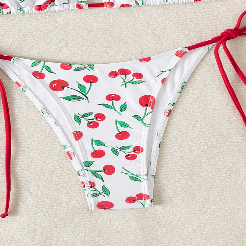 Damen Triangel-Bikini mit frischem Kirschmotiv und verstellbaren Bindebändern Drune