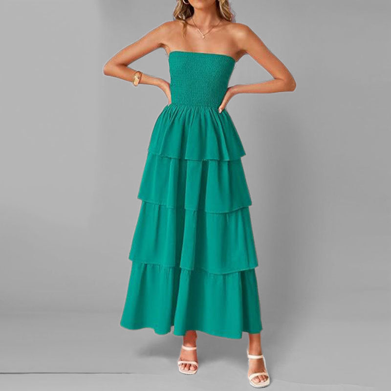 Damen Maxikleid mit schulterfreiem Design und voluminösen Rüschenschichten Drune