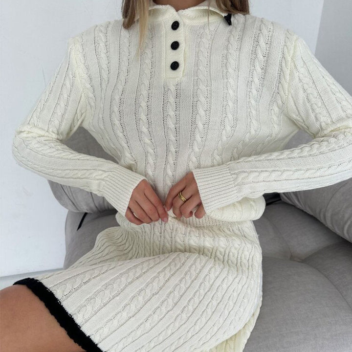 Damen nan Kabelstrick-Set mit Polo-Kragen und ausgestelltem A-Linien-Rock Drune