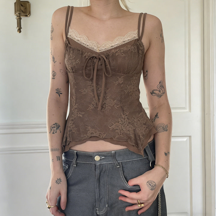 Damen Spitzen-Corsage-Oberteil mit raffinierten Trägerdetails und elegantem Knoten Drune