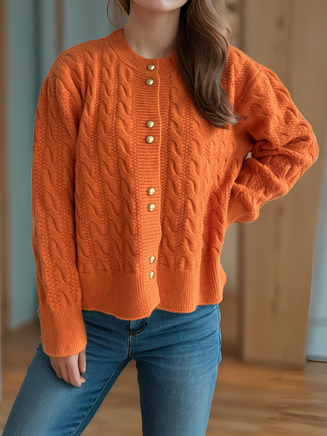 Damen Grobstrickjacke mit dekorativen Knöpfen und Kabelmuster Drune