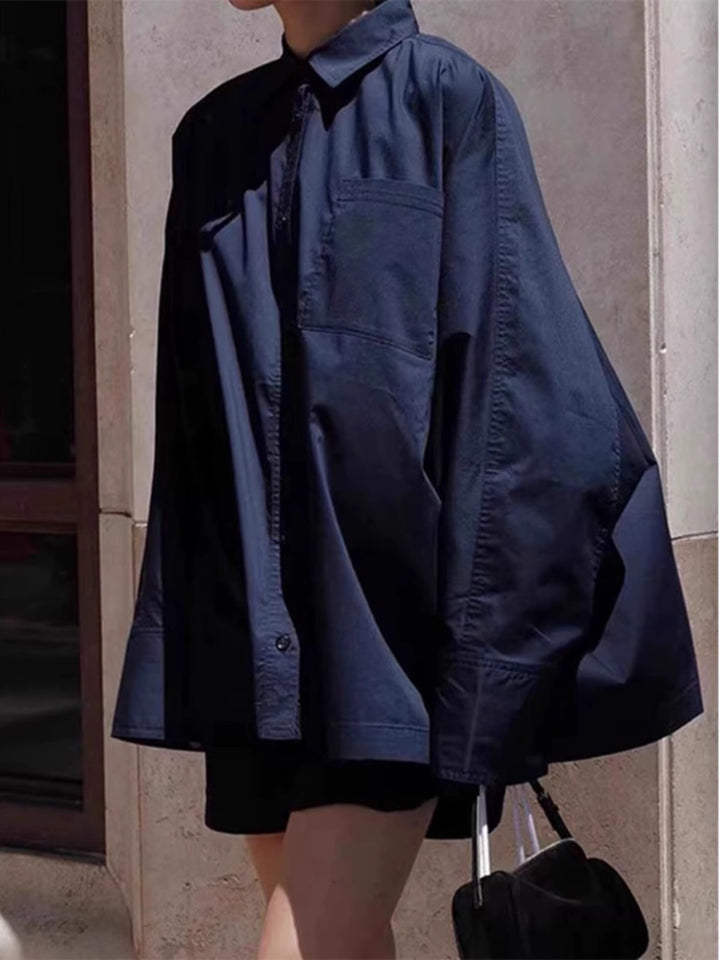 Damen Oversized-Hemdbluse mit klassischem Kragen und seitlicher Tasche Drune