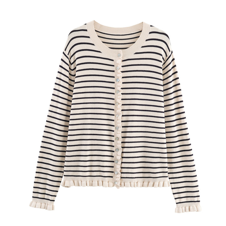 Damen gestreifte Strickjacke mit Rüschendetails und Knopfverschluss Drune