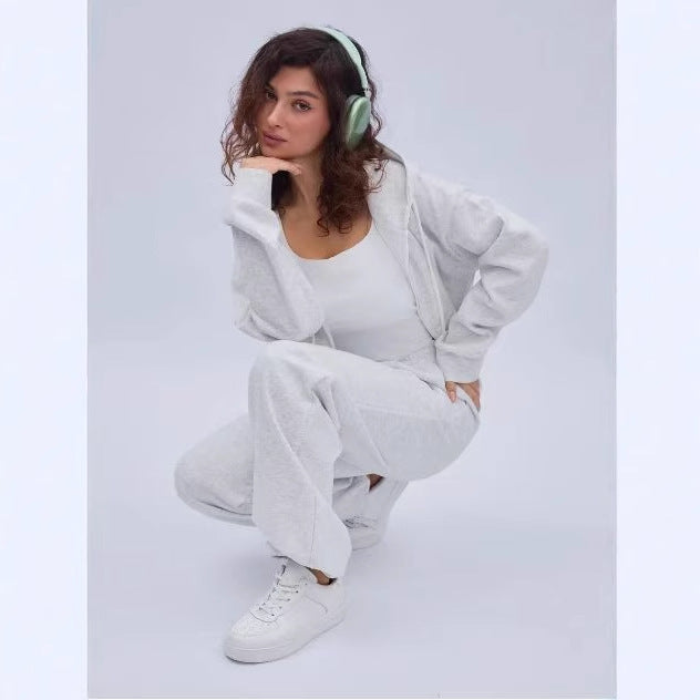 Damen nan zweiteiliges Cozy-Loungewear-Set mit Reißverschlusskapuze, taillenhoher Weitbein-Jogger und verdeckten Eingrifftaschen Drune