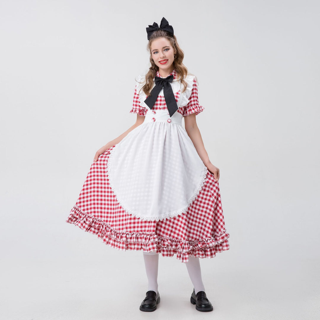 Damen nan Vintage-inspiriertes Karo-Swingkleid mit abnehmbarer Schürze, Rüschenärmeln und Schleifenkragen Drune