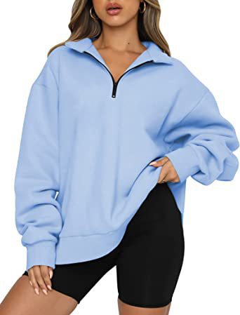 Damen modischer Oversized Pullover mit kurzem Reißverschluss und lässigen Ärmeln Drune