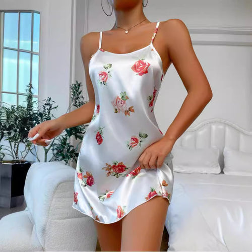 Damen Satin-Nachtkleid mit floralem Design und Spaghettiträgern Drune