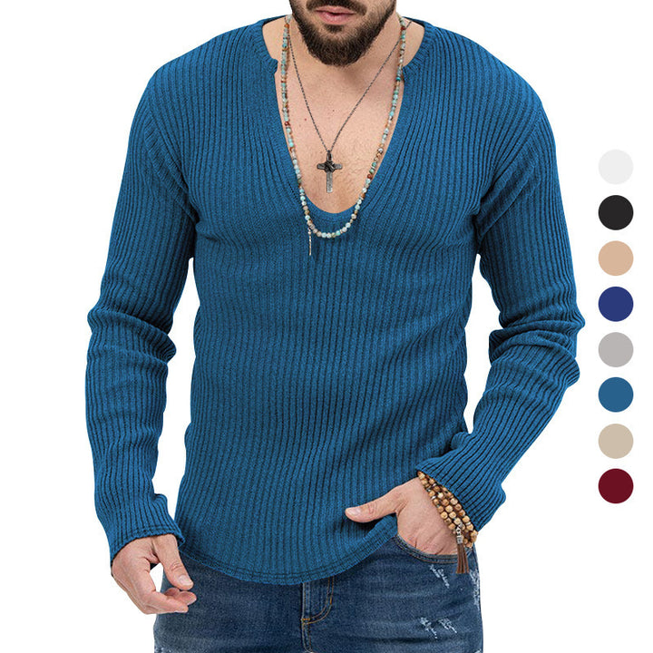 Herren Langarm-Rippenpullover mit tiefem V-Ausschnitt und modernem Schnitt Drune