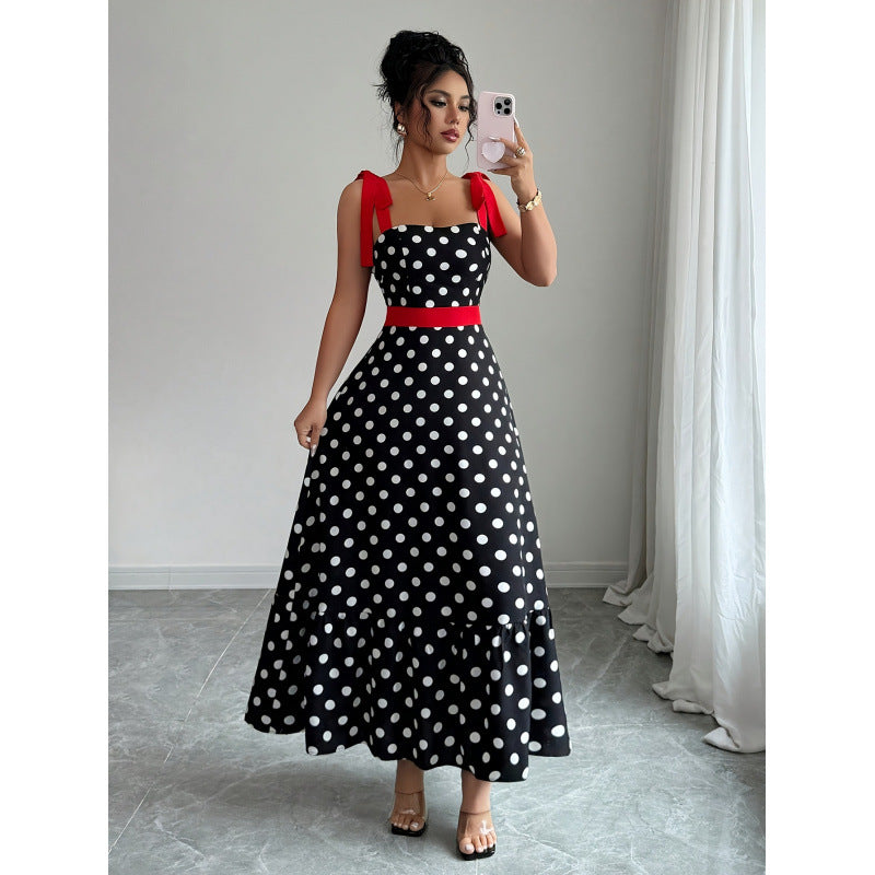 Damen Maxikleid mit verspieltem Polka-Dot-Muster und kontrastierendem Gürtel Drune