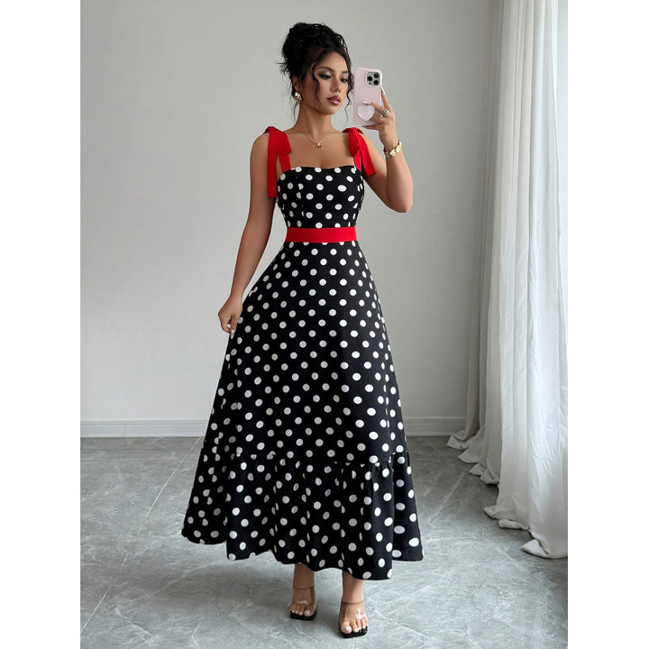 Damen Maxikleid mit verspieltem Polka-Dot-Muster und kontrastierendem Gürtel Drune