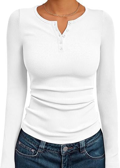 Damen Figurbetontes Langarmshirt mit Knopfleiste und Rippstruktur Drune