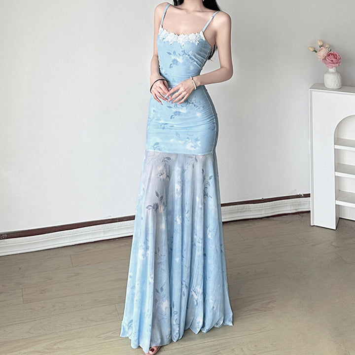 Damen Maxikleid mit floralem Druck und eleganter Spitzenborte Drune
