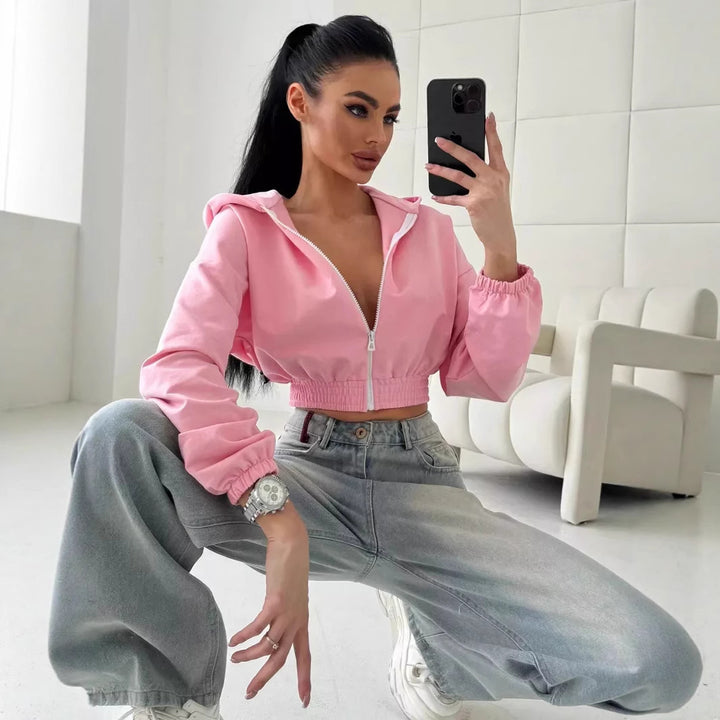 Damen cropped Kapuzenjacke mit elastischem Bund und lässigem Schnitt Drune