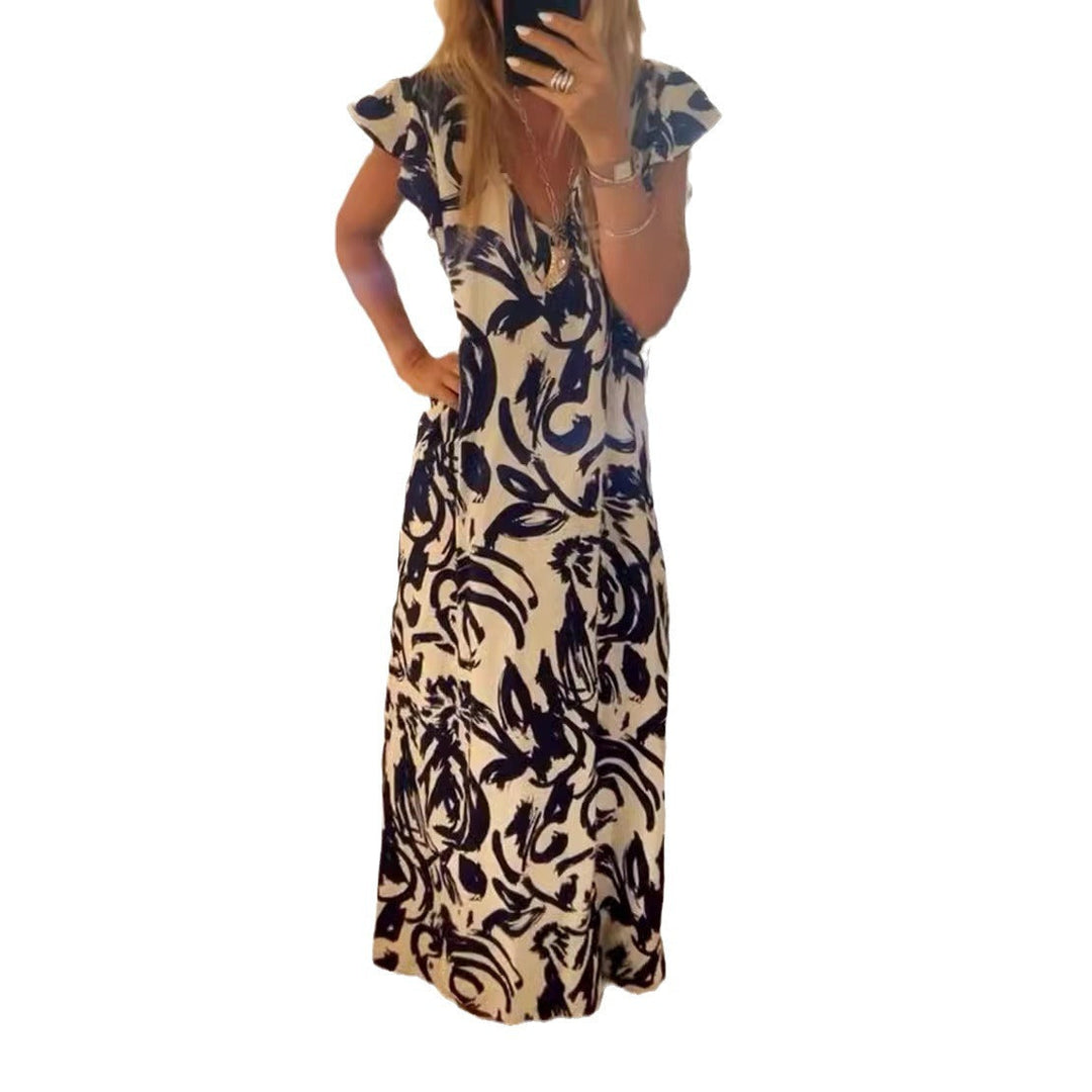 Damen Maxikleid mit voluminösen Ärmeln und elegantem V-Ausschnitt Drune