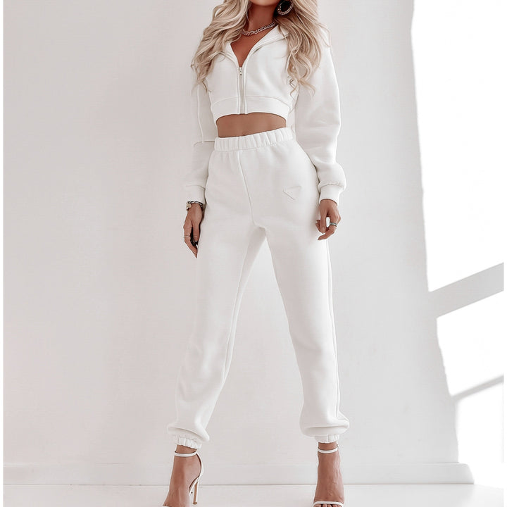 Damen nan Cropped Kapuzenjacke und High-Waist Jogginghose Set aus French Terry mit elastischem Bund Drune