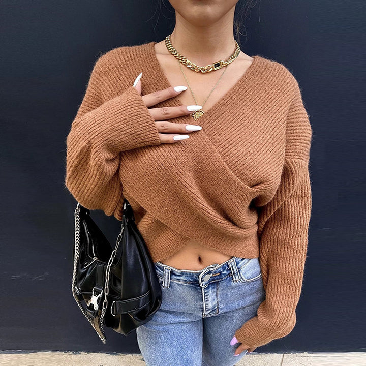 Damen Wickelpullover mit strukturiertem Rippdesign und weiten Ärmeln Drune