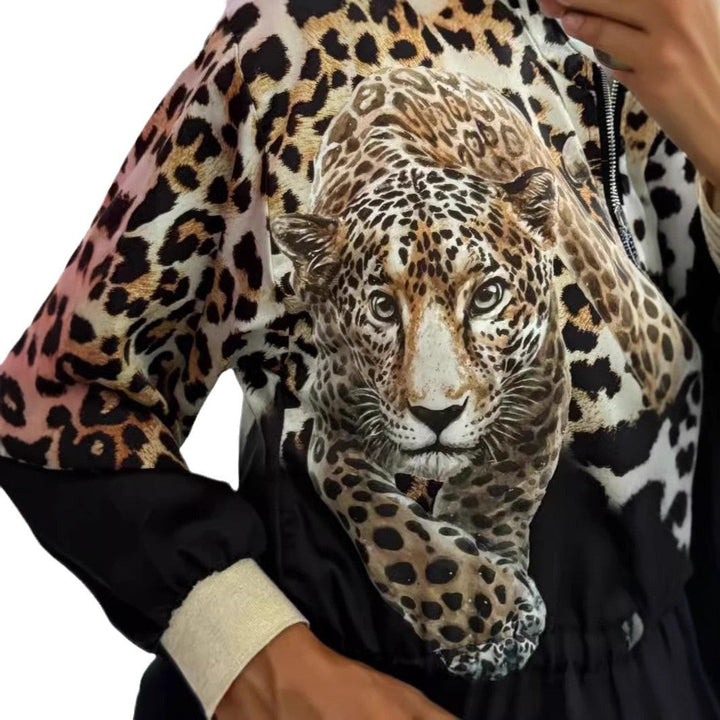 Damen entspannte Bomberjacke mit extravagantem Leoparden-Motiv Drune