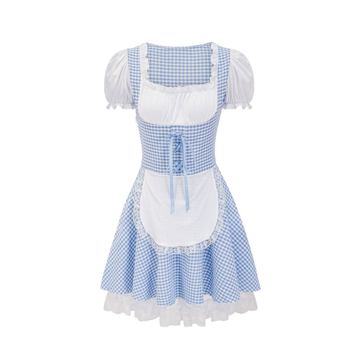 Damen nan kurztailliertes Trachtenkleid mit Karo-Corsage, geraffter Brust und Spitzen-Schürze Drune