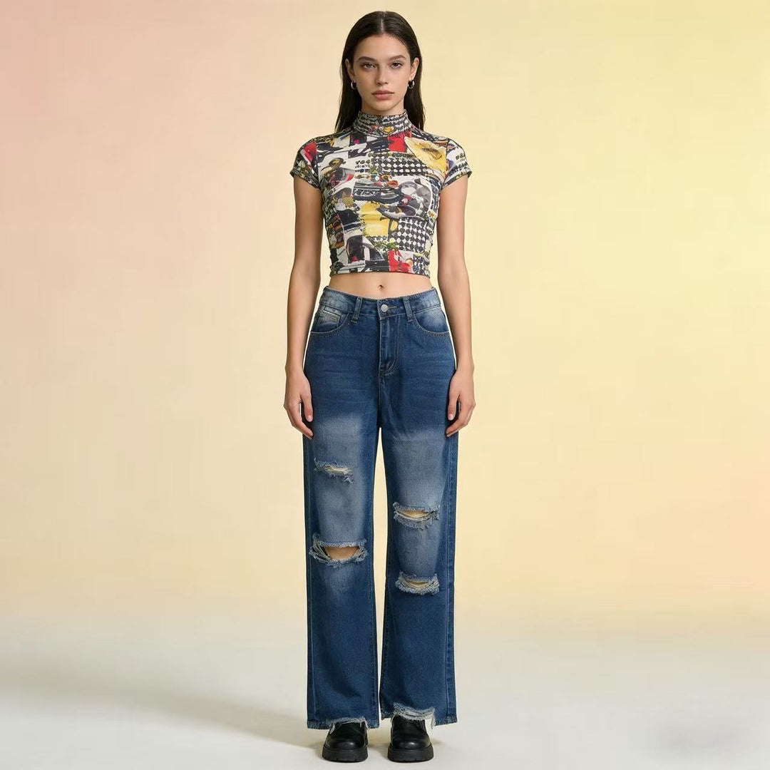 Damen nan hochgeschnittene Relaxed-Jeans mit weitem Bein, Knie-Rips und rohem Saum Drune