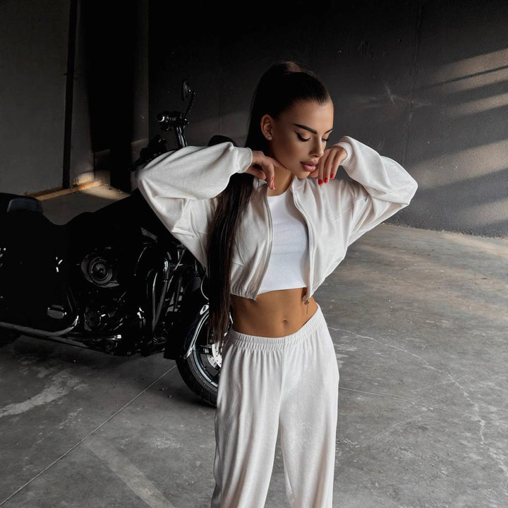 Damen lässiger Sportanzug mit cropped Jacke und weiten Hosen Drune